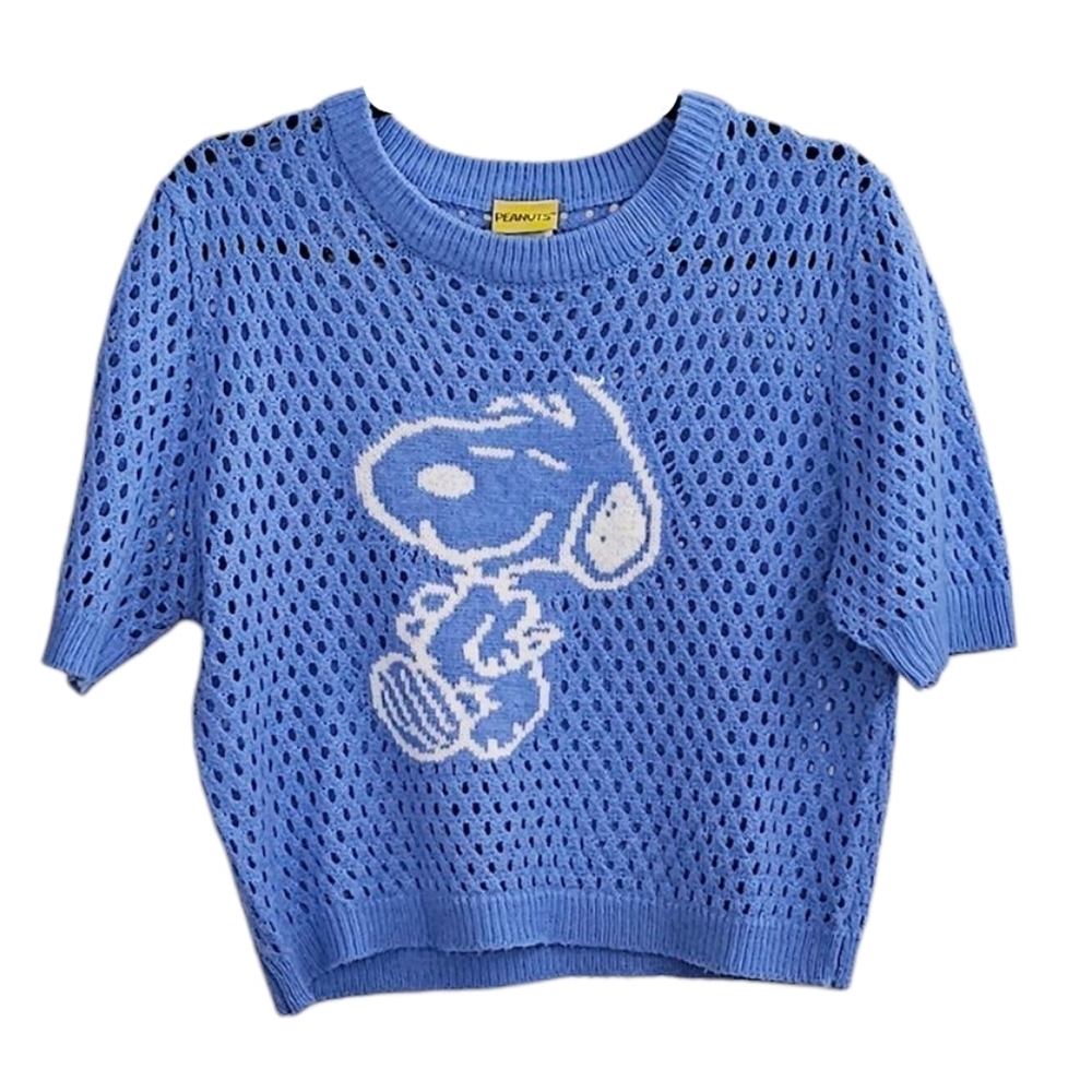 Peanuts Snoopy Cool Blue Mesh Knit Short Sleeve Crop Sweater Twee women's Large